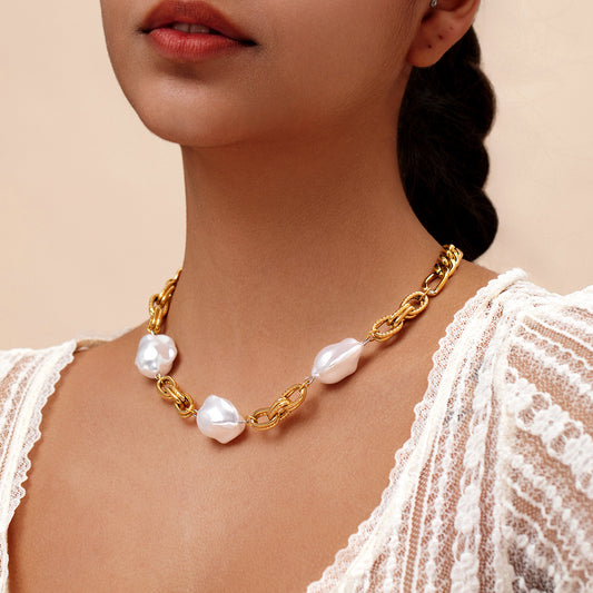 Baroque Pearl Necklace Gold Stainless Steel Statement Chain
