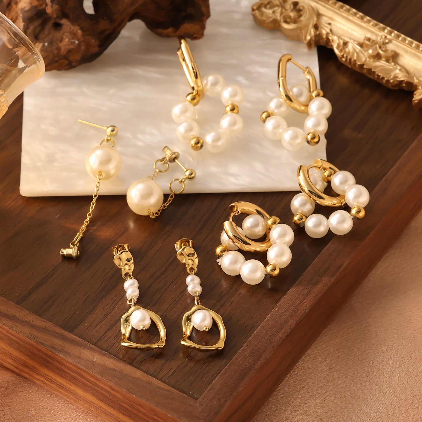Pearl Chain Drop Earrings Gold Plated Stainless Steel