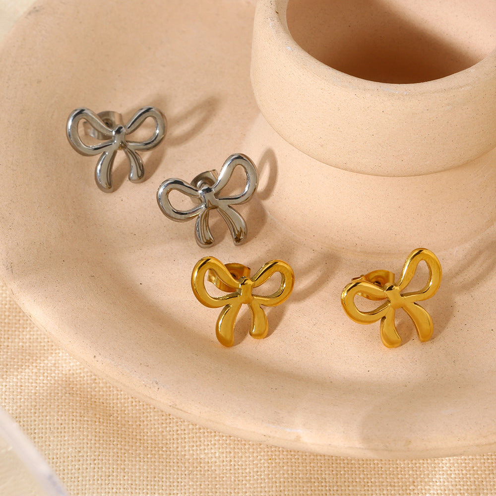 Minimal Bow Stud Earrings Stainless Steel Gold