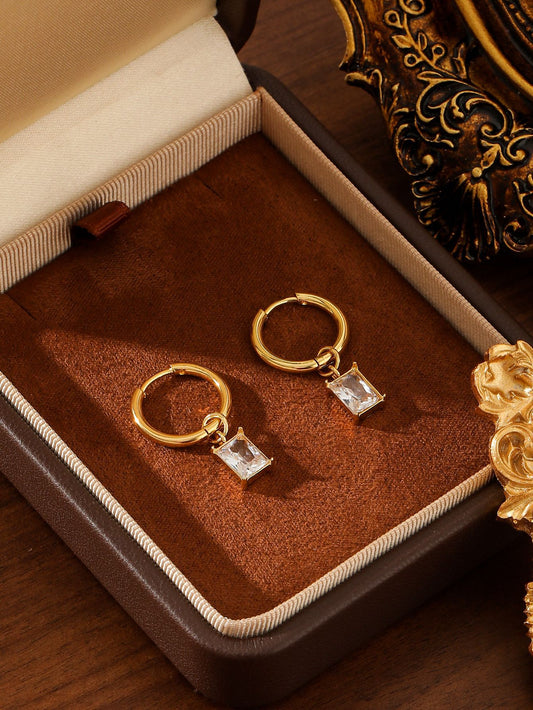 Rectangle Gem Huggie Earrings Stainless Steel Gold