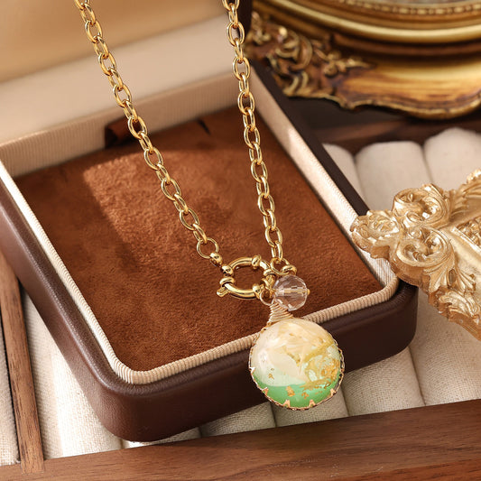 Resin Round Pendant Necklace Gold Plated Stainless Steel