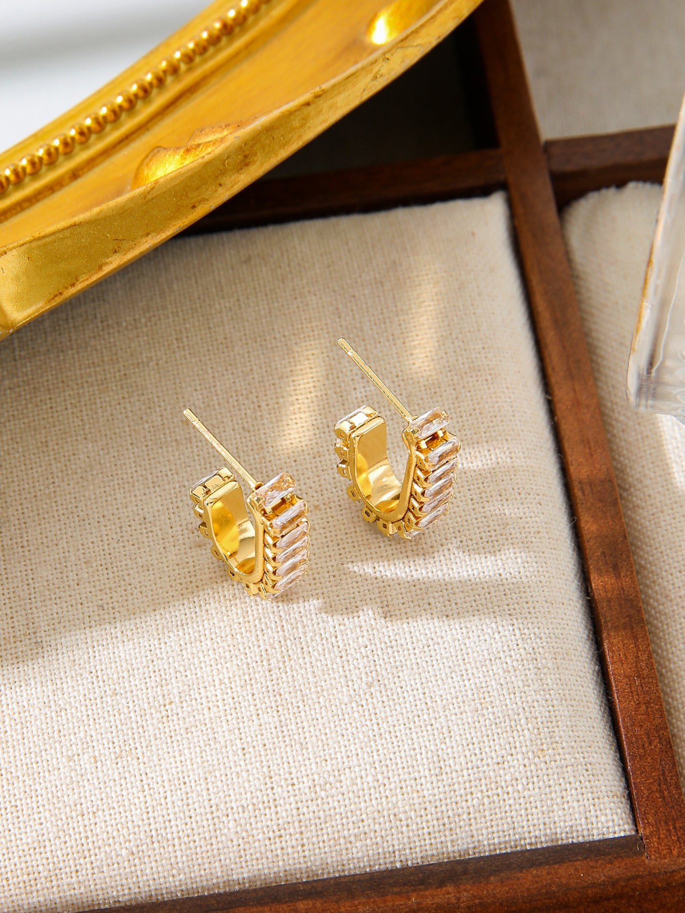 C Shape Crystal Earrings Stainless Steel Gold