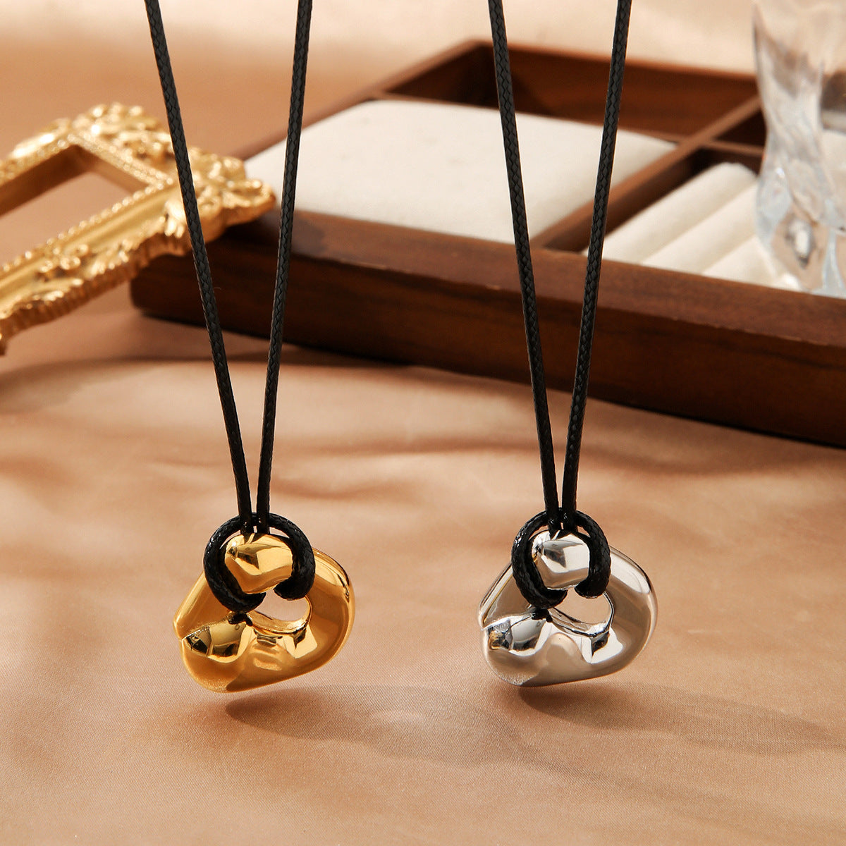 Heart Pendant Necklace Adjustable Cord Stainless Steel