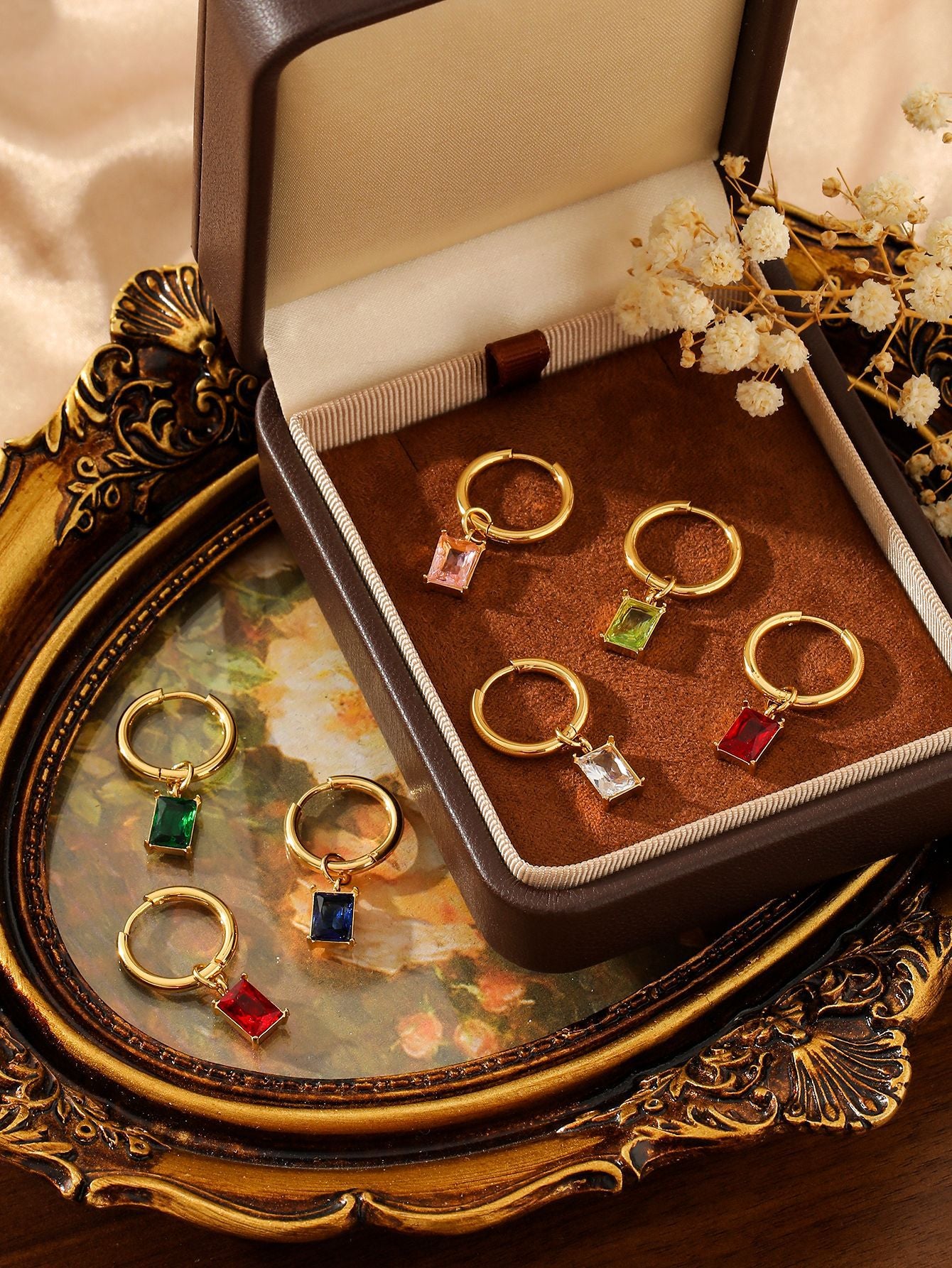 Rectangle Gem Huggie Earrings Stainless Steel Gold