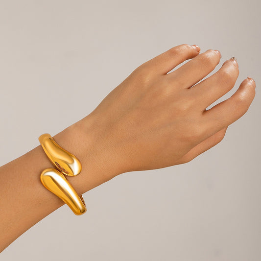 Chunky Ribbed Cuff Bracelet Gold Plated Stainless Steel