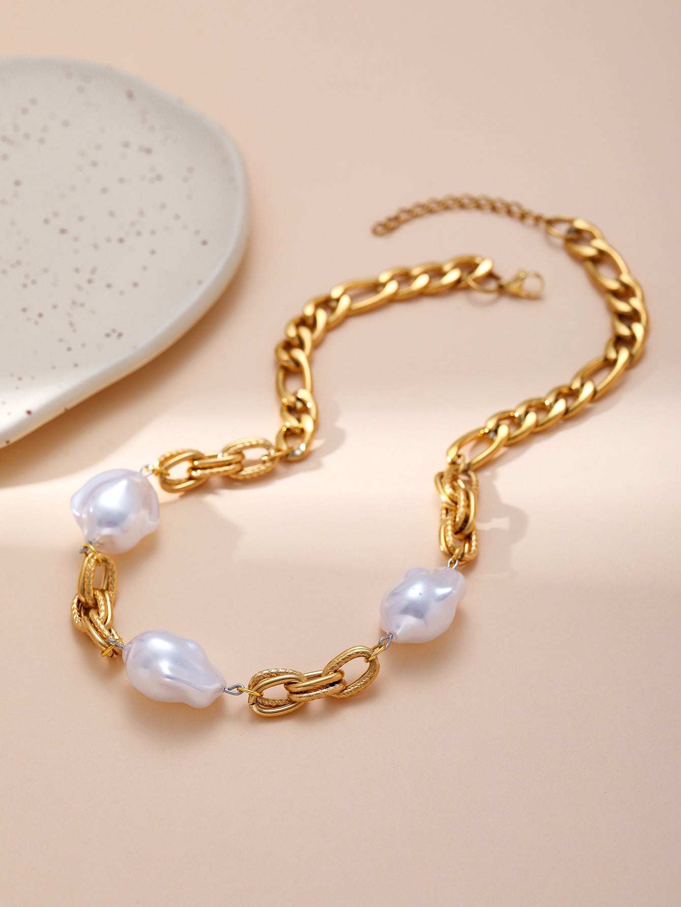 Baroque Pearl Necklace Gold Stainless Steel Statement Chain