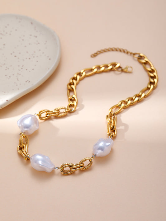 Baroque Pearl Necklace Gold Stainless Steel Statement Chain