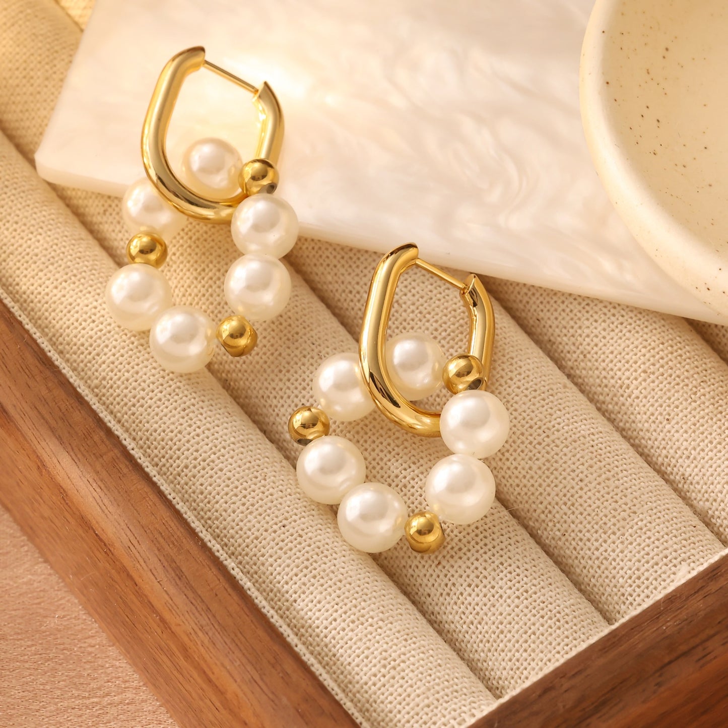 Pearl Chain Drop Earrings Gold Plated Stainless Steel