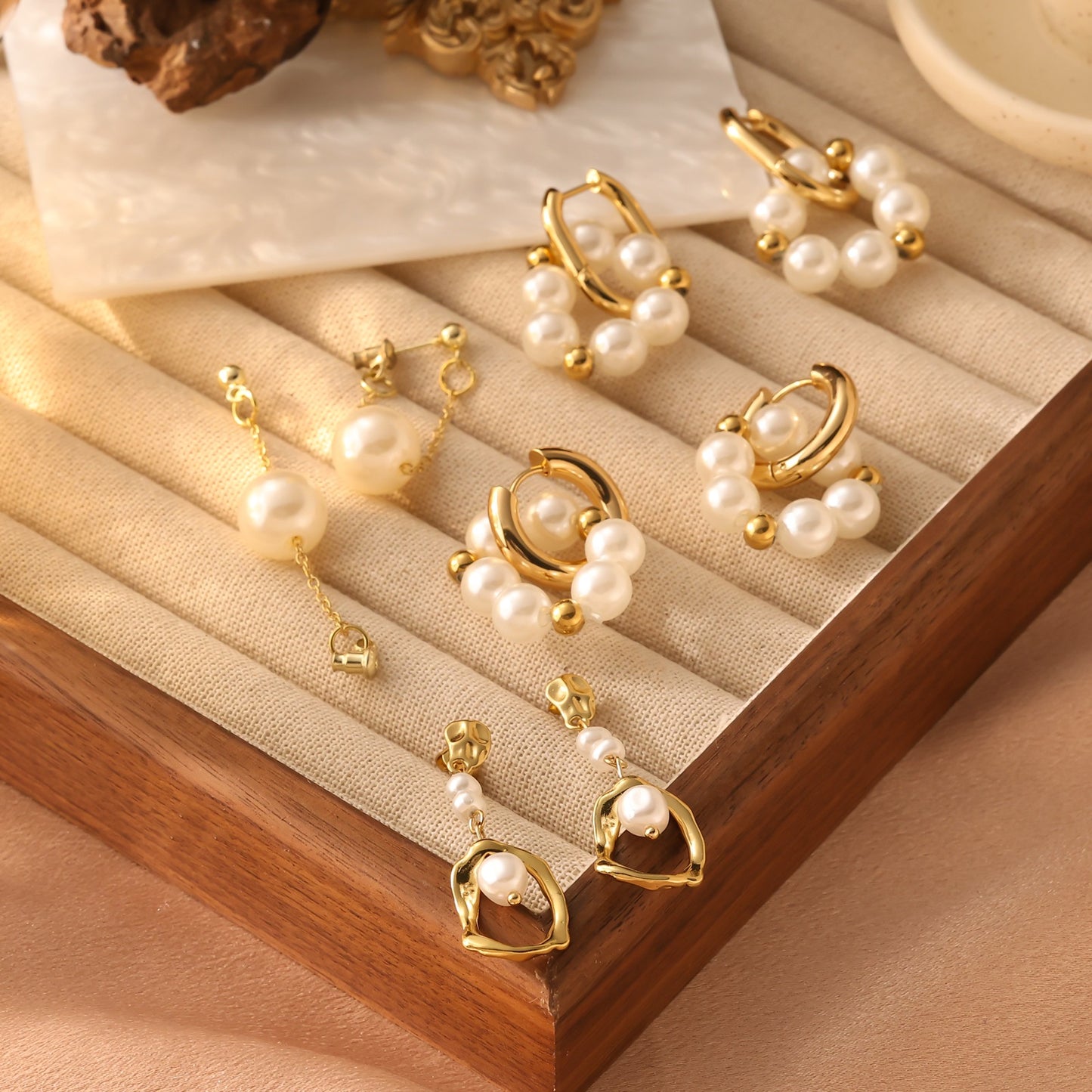 Pearl Chain Drop Earrings Gold Plated Stainless Steel