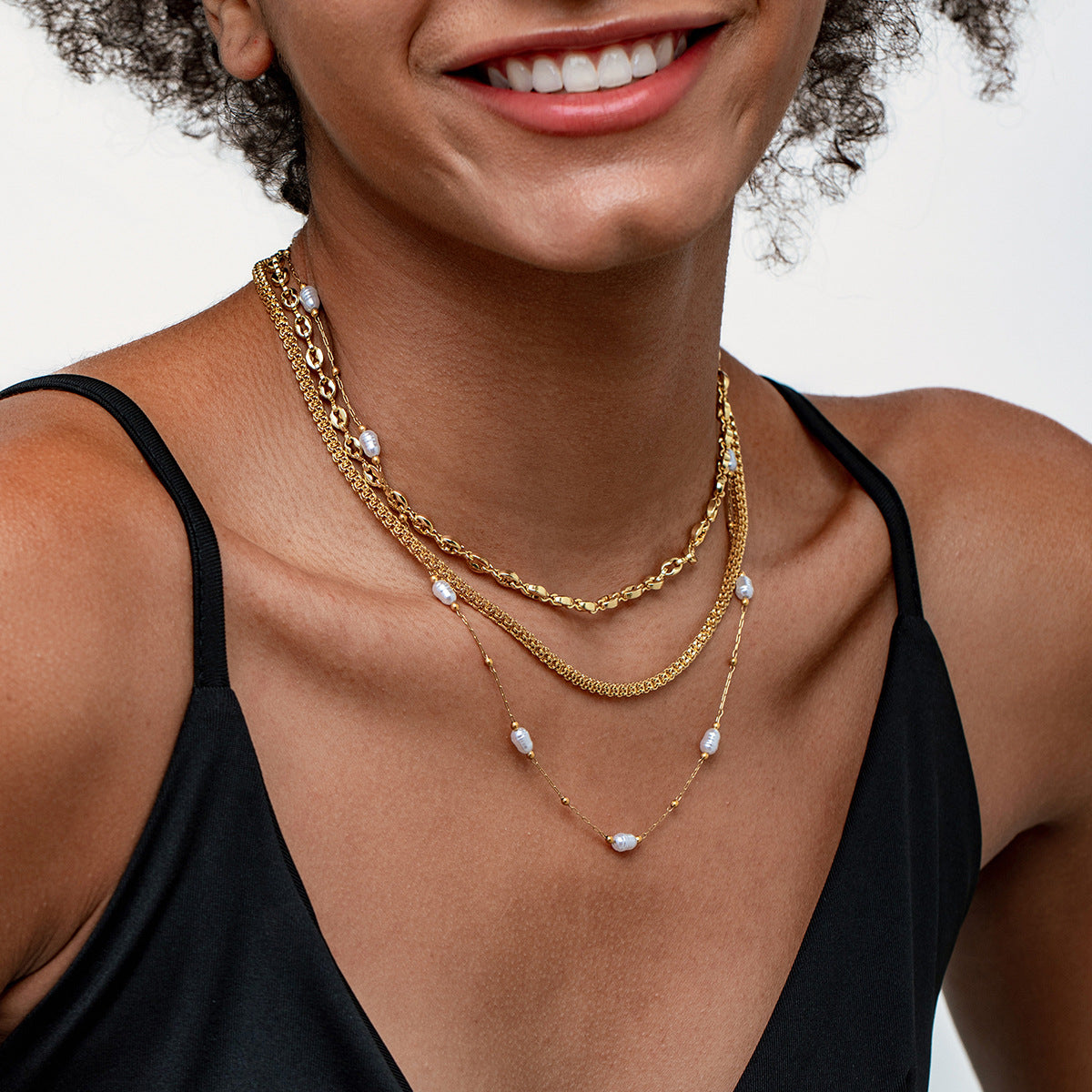 Layered Pearl Chain Necklace 18K Gold Plated Stainless Steel