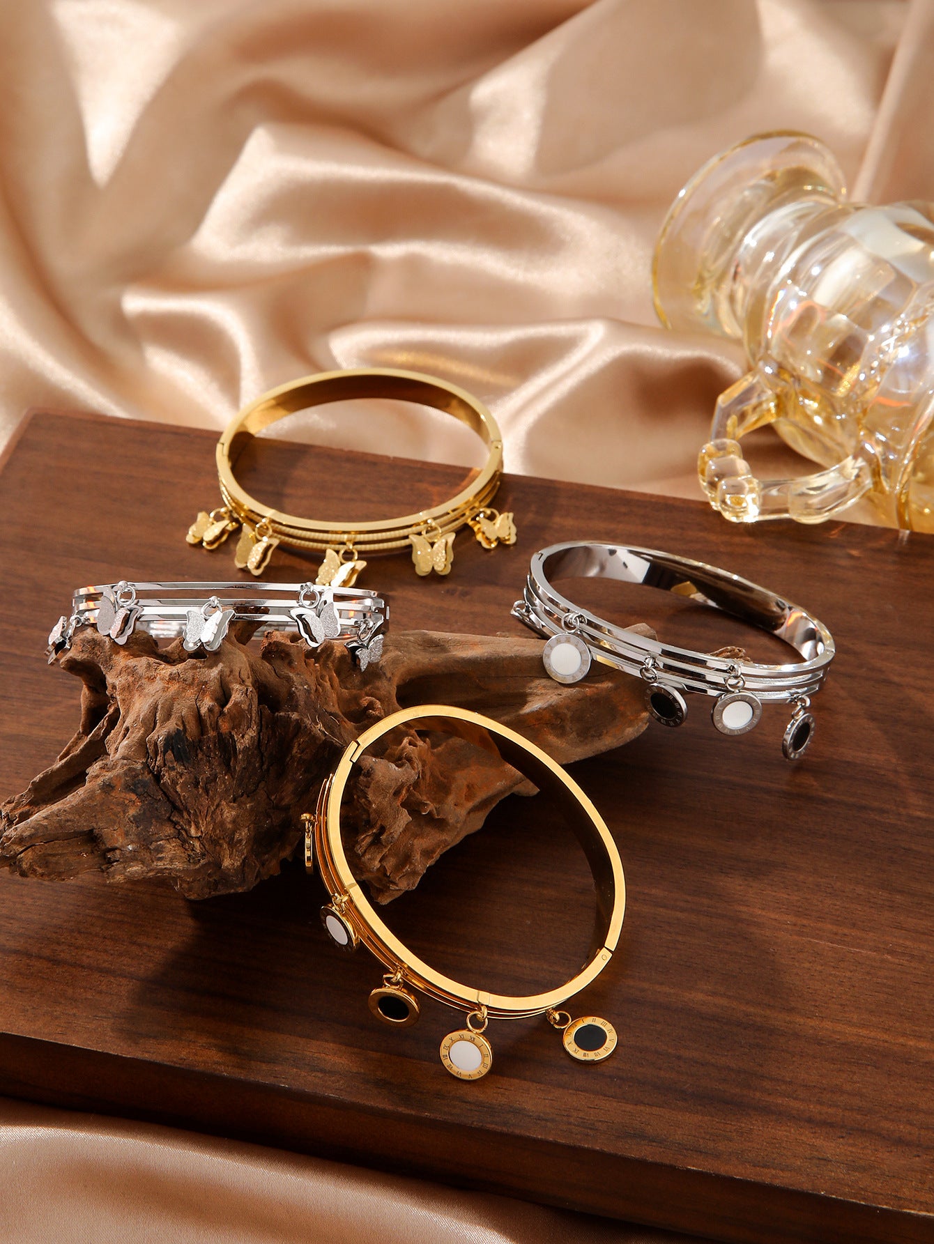 Roman Numeral Butterfly Layered Bangle Gold Stainless Steel