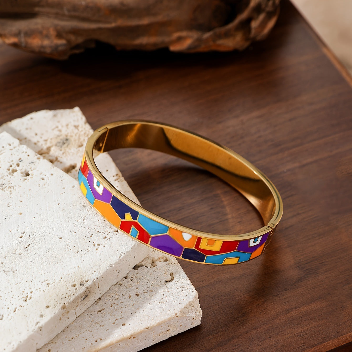 Vintage Enamel Bangle Gold Stainless Steel 18K Painted Bracelet