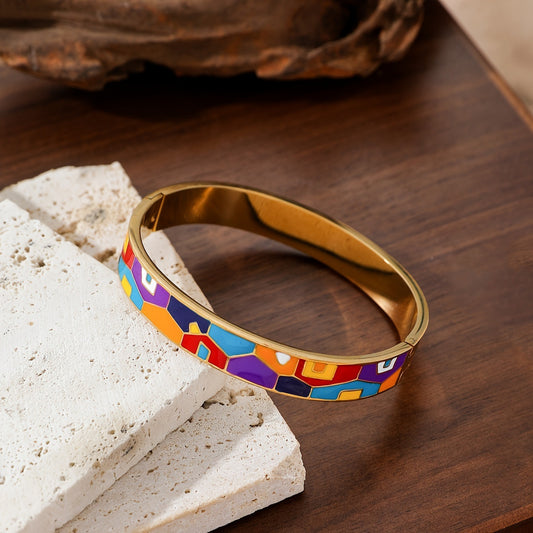 Vintage Enamel Bangle Gold Stainless Steel 18K Painted Bracelet