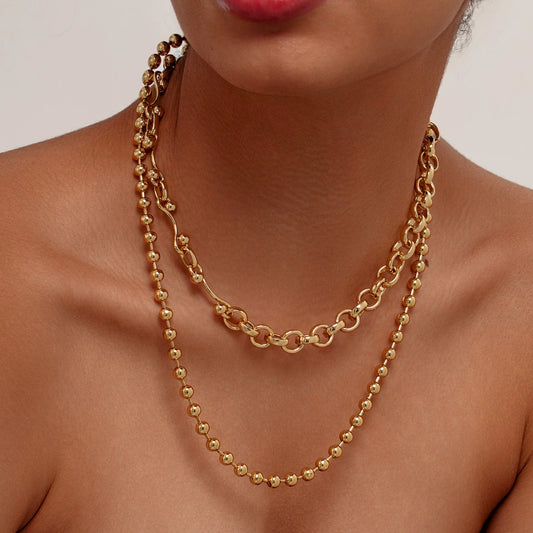 Gold Flat Paperclip Chain Jewelry Set Necklace Bracelet Stainless Steel