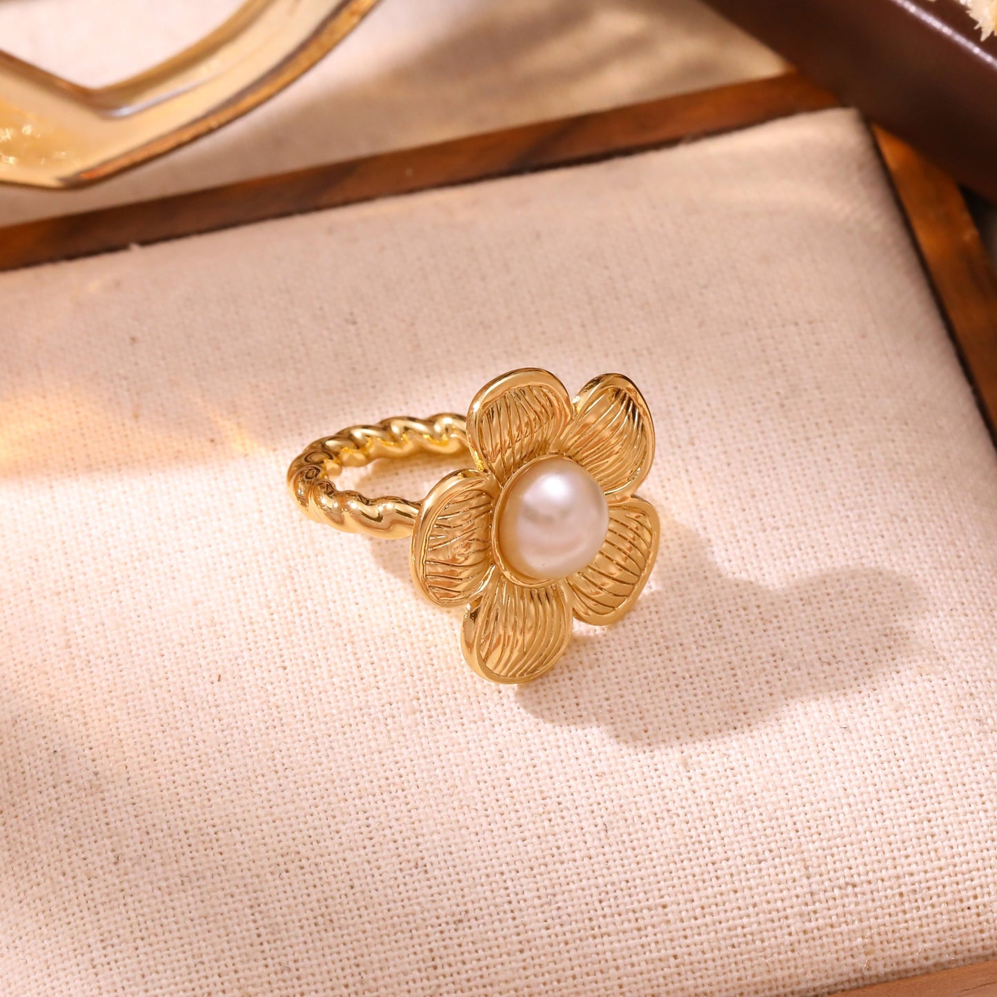 Floral Open Ring Gold Plated Stainless Steel