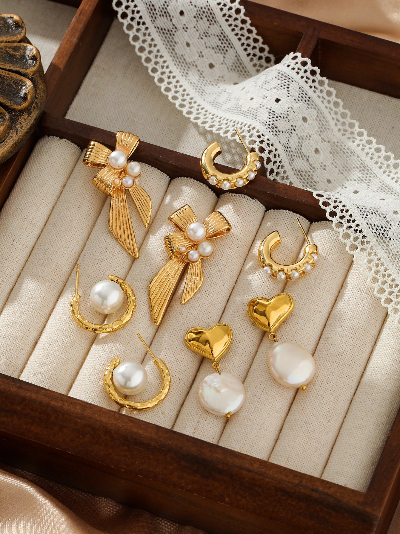 French Vintage Bow Pearl Heart Earrings Gold Stainless Steel