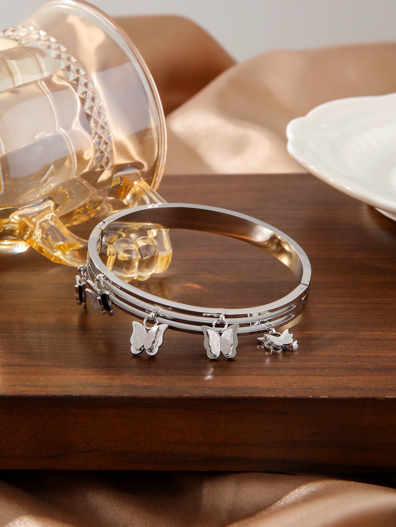 Roman Numeral Butterfly Layered Bangle Gold Stainless Steel