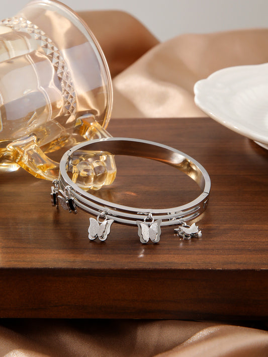 Roman Numeral Butterfly Layered Bangle Gold Stainless Steel
